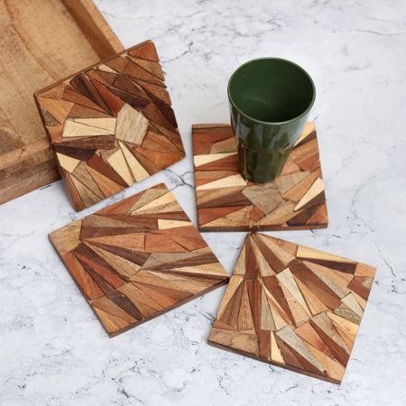 Premium Brown Wooden Tea Coasters - Pack of 4